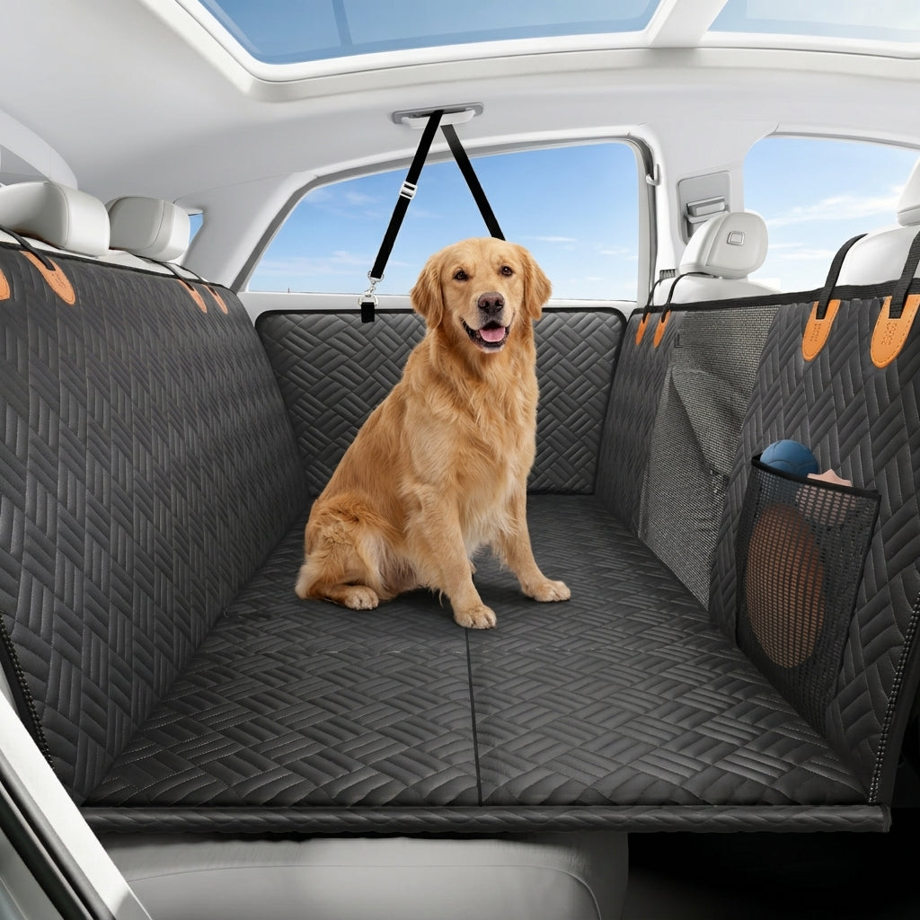 Golden retriever sitting on the Seatbridge back seat extender for dogs, black with orange tabs, installed in a car