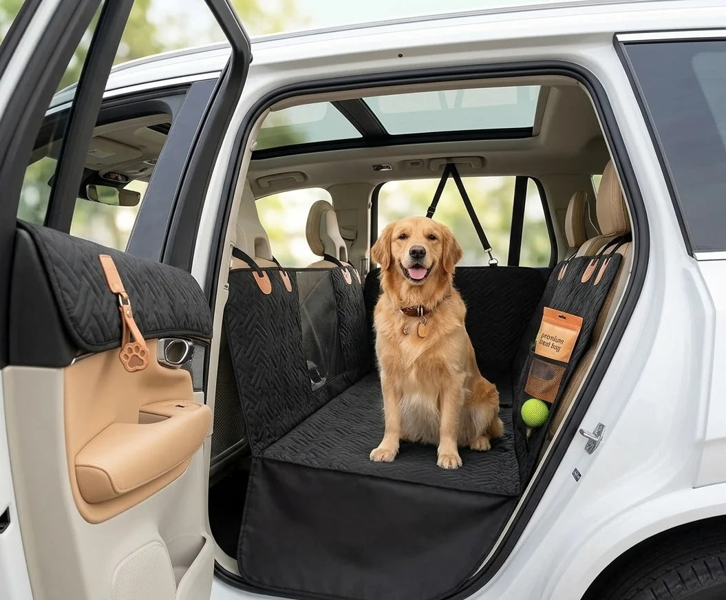 Golden retriever sitting on the back seat extender installed in a white SUV, viewed through the open rear door